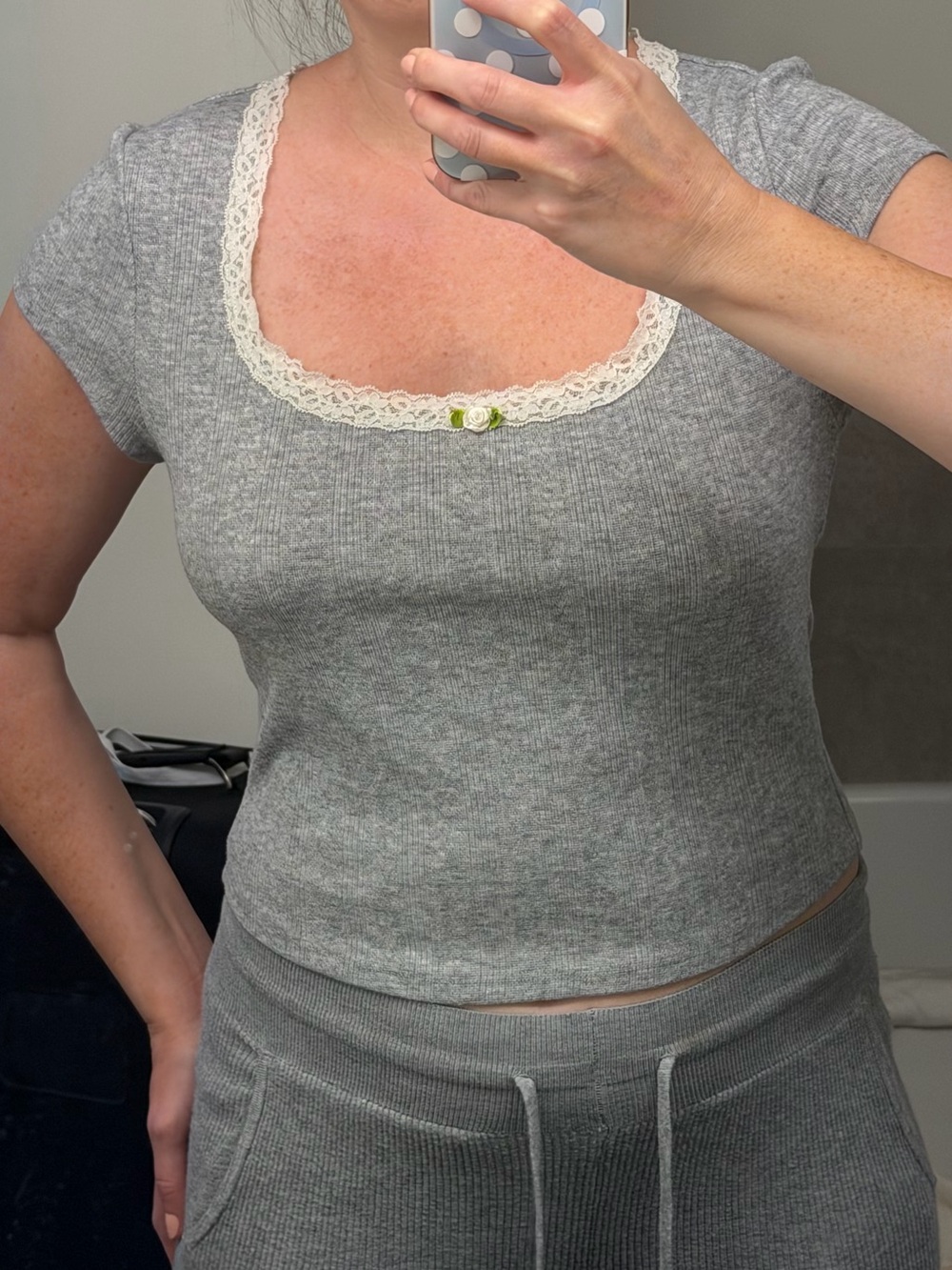 Target Gray Ribbed Lace-Trim Short Sleeve Sleep Top